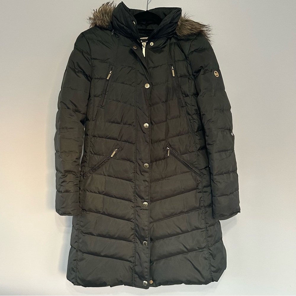 Michael Kors Coat Olive Green Faux Fur Hood Women's Medium